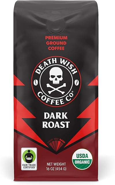 Death Wish Coffee, Organic and Fair Trade Dark Roast Ground Coffee, 16 oz