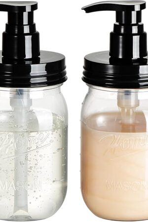 Amolliar Plastic Mason Jar Soap Dispenser with Pump Lid,16OZ Refillable BPA-Free Hand Soap Dispenser Set with Cute Lables - Farmhouse Decor for Kitchen/Bathroom,Liquid Soap,Dish Soap, Lotion (2 Pack)