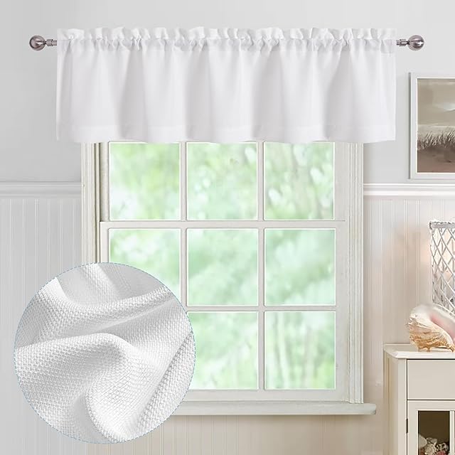 Chyhomenyc White Valance for Windows, Light Filtering Faux Linen Textured Semi Sheer Small Short Valance for Bathroom Laundry Basement, 60Wx14L inch, 1 Piece