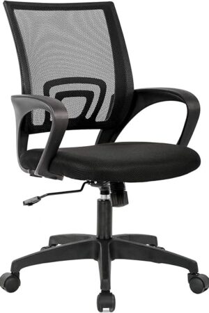 BestOffice | Ergonomic Office Chair | Mid-Back Swivel Desk Chair | Breathable Backrest & Lumbar Support | Adjustable Height | Sponge Seat | Rolling Wheels | Black | for Adults & Women