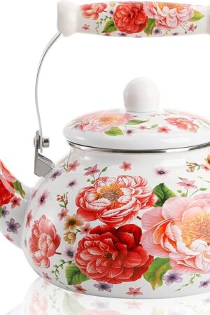 DEAYOU 2.6 Quart Enamel Tea Kettle Stovetop, Large Porcelain Enameled Teakettle, 2.5L Vintage Tea Pot with Ceramic Cool Handle, Colorful Floral Steel Teapot for Hot Water, Retro Decor, No Whistling