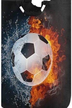 visesunny Large Capacity Laundry Hamper Basket Soccer Ball in Fire and Water Oxford Cloth Storage Baskets for Bedroom, Bathroom, Dorm, Kids Room