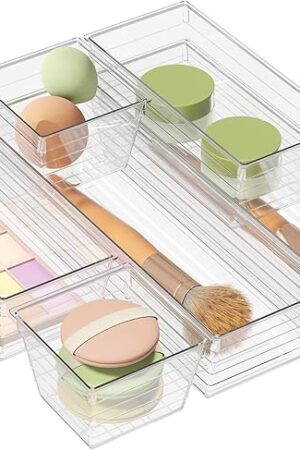 6 Pack Clear Drawer Organizer, Acrylic Drawer Storage Trays, Storage Bins for Makeup, Cosmetics, Jewelries, Utensils, Gadgets, Office
