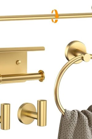 Brushed Gold Bathroom Accessories Set 5 Pieces Towel Bar Set Round Towel Holder Set for Bathroom,Upgraded Toilet Paper Holder,Stainless Steel Wall Mounted Bath Hardware Set 23.6 Inch
