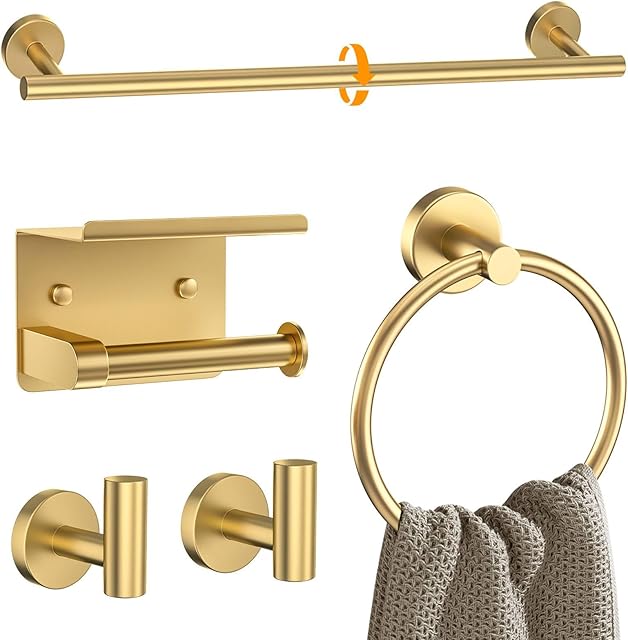 Brushed Gold Bathroom Accessories Set 5 Pieces Towel Bar Set Round Towel Holder Set for Bathroom,Upgraded Toilet Paper Holder,Stainless Steel Wall Mounted Bath Hardware Set 23.6 Inch