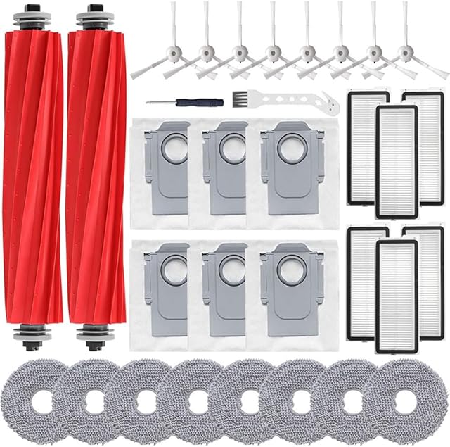 32 Pack Accessories Replacement Kit for Roborock Qrevo S/Qrevo Pro/Qrevo Plus/Qrevo MaxV Vacuum,2 Main Brushes,6 Filters&Bags+ 8 Side Brushes&Mop Pads,2 Tools