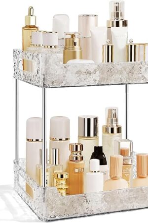 2-Tier Bathroom Counter Organizer Countertop Storage, Dresser Organizer Vanity Tray for Makeup, Perfume Organizer Cosmetics Skincare Shelf - Clear