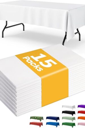 White Plastic Table Cloth Rectangle Table 15 Pack, 54''×108'' Tablecloth for 6ft Tables, Table Cloth for Disposable Use, Table Cover for Holiday Party, Gathering