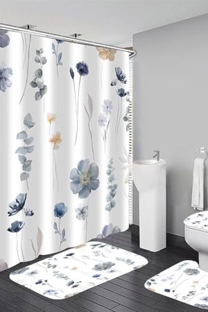 DDQQ 4Pcs Watercolor Flower Shower Curtain Set with Non-Slip Rugs, Toilet Lid Cover and Bath Mat, Modern Minimalist Floral Shower Curtain with 12 Hooks, Blue Beige Bath Curtain for Bathroom Decor
