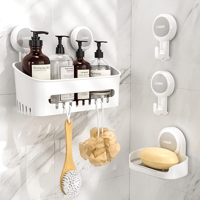 LUXEAR 4 Pack Waterproof Shower Caddy Set with Suction Cup Shower Shelf Soap Dish Hooks