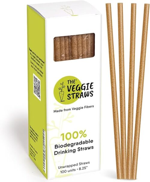 – 100 PCS of 8.25 Inches Unwrapped Biodegradable Straws – Made of Vegetable Fibers, Best Environment Friendly Drinking Straws for Hot and Cold Beverages