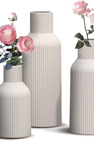 White Ceramic Vases Set of 3, White Ribbed Decorative Vases - Table Centerpieces for Wedding, Living Room, Office & Shelf Decor