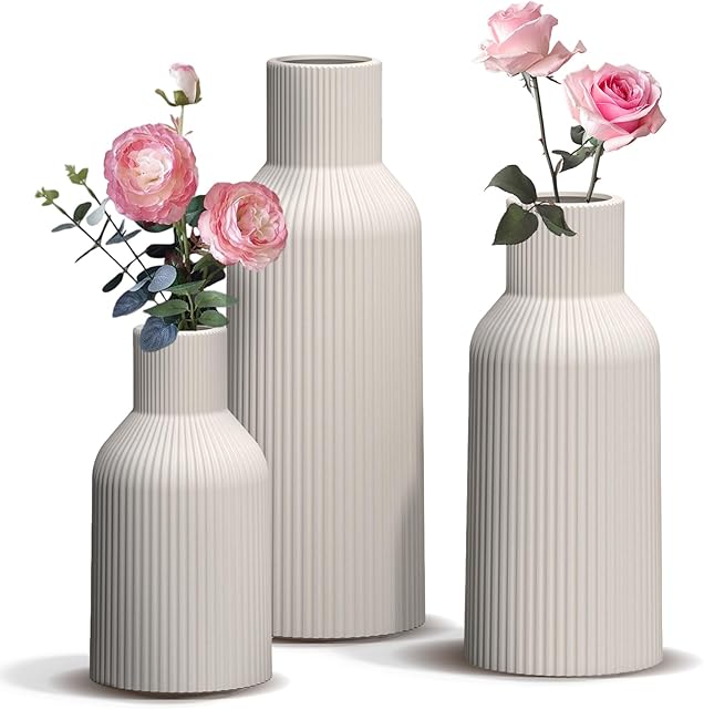 White Ceramic Vases Set of 3, White Ribbed Decorative Vases - Table Centerpieces for Wedding, Living Room, Office & Shelf Decor