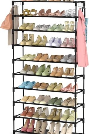 10 Tiers Shoe Rack 50 Pairs Large Capacity Tall Shoe Organizer Sturdy Shoe Storage with Two Hooks Space Saving Metal Wide Shoe Rack for Closet, Entryway, Bedroom, Black