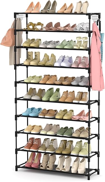 10 Tiers Shoe Rack 50 Pairs Large Capacity Tall Shoe Organizer Sturdy Shoe Storage with Two Hooks Space Saving Metal Wide Shoe Rack for Closet, Entryway, Bedroom, Black
