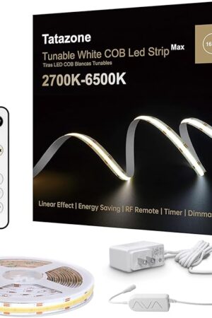 6.56ft Tunable White COB Led Strip Light with RF Remote, Dimmable CCT COB Led Lights, Adhesive Led Light Strip for Bedroom, Kitchen, Cabinet