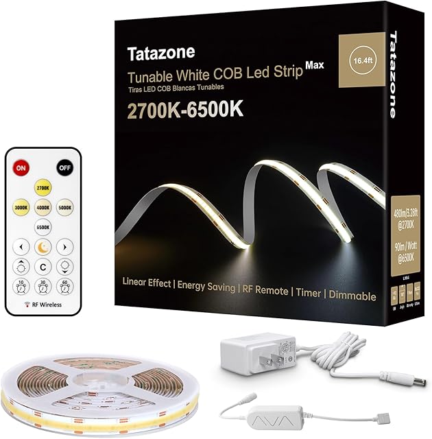 6.56ft Tunable White COB Led Strip Light with RF Remote, Dimmable CCT COB Led Lights, Adhesive Led Light Strip for Bedroom, Kitchen, Cabinet