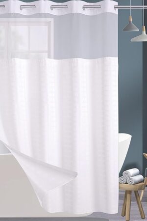 Conbo Mio No Hook Shower Curtain with Snap in Liner Set, Hotel Luxury White Fabric Shower Curtains for Bathroom with See Through Top Window, Washable, Waterproof 71W x 74H