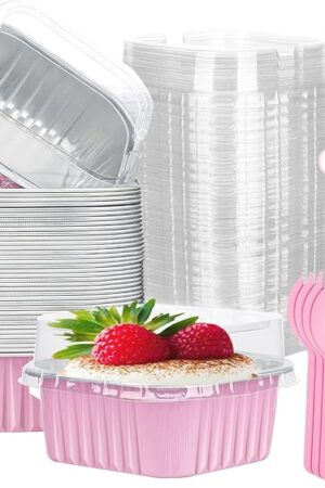 10oz Mini Cake Pans with Lids and Spoons,50 Pack Aluminum Foil Square Brownie Baking Cups,Disposable Cake Tins with Lids 4x4inch Large Cupcake Pan,Jumbo Muffin Tin Ramekins Holders