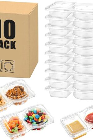 10 Pack 2 Compartment Snack Containers with Lids – Leak-Proof, Reusable Plastic Snack Packs for Kids & Adults, Divided Small Snack Containers for Lunch, Meal Prep, Dips, Salads