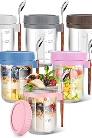 6 Pack Overnight Oats Containers with Lid and Spoons - 16oz Glass Mason Jars - Meal Prep Containers for Yogurt, Chia Pudding & Smoothies - Leakproof BPA-Free - Dishwasher