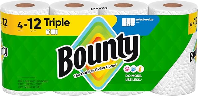 Bounty Paper Towels Select-A-Size, White, 4 Triple Rolls = 12 Regular Rolls