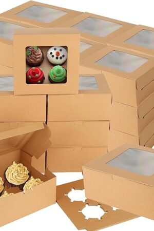 100 PCS Cupcake Boxes with Window 4 Count Cupcake Containers 6x6x3 Inch Brown Kraft Paper Cupcake Boxes Treat Boxes with Insert 4 Cavity for Muffins Cookies Cupcakes Macarons Donuts