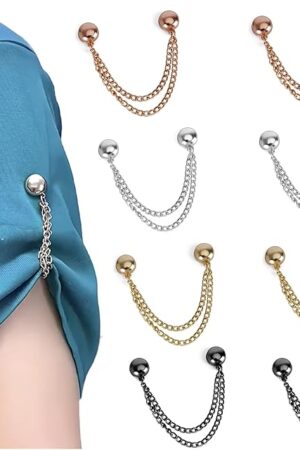 8 Pack Magnetic Clothing Clips for Women – Instant Garment Tailoring Solution | Secure Shirt Hem Adjuster, Sleeve Cinch Clip for T-Shirts/Blouses/Dresses, Hijab & Scarf Holder with Chain (4 Colors)