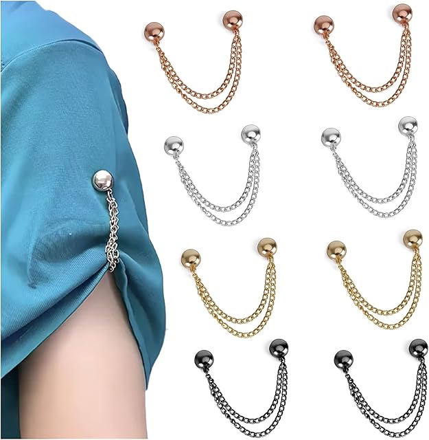 8 Pack Magnetic Clothing Clips for Women – Instant Garment Tailoring Solution | Secure Shirt Hem Adjuster, Sleeve Cinch Clip for T-Shirts/Blouses/Dresses, Hijab & Scarf Holder with Chain (4 Colors)