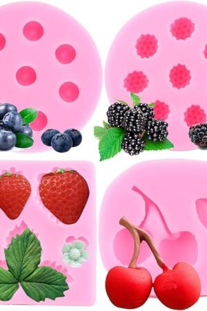 Zixiang Blueberry Raspberry Cherry Strawberry Cake Fondant Molds Berry Series Sugarcraft Gumpaste Silicone Mold for Chocolate Candy Cupcake Topper Decorating Polymer Clay Resin Set Of 4