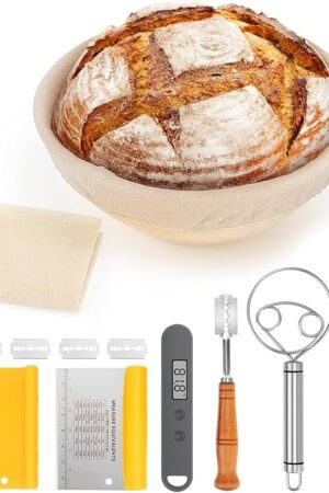 CODOGOY Banneton Bread Proofing Basket, Sourdough Bread Baking Supplies, Sourdough Starter Kit with 9" Round Proofing Basket, Food Thermometer, Spatula, Scraper, Dough Whisk