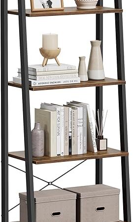 VASAGLE Ladder Shelf, 4-Tier Bookshelf, Storage Rack, Bookcase with Steel Frame, for Living Room, Home Office, Kitchen, Bedroom, Industrial Style, Rustic Brown and Ink Black ULLS44X
