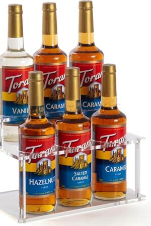 Acrylic Coffee Syrup Organizer, 2 Tier Coffee Syrup Rack (6 Bottle Capacity), Syrup Bottle Holder Stand for Coffee Bar, Kitchen Countertop Syrups, Condiments and Wine (Transparent)