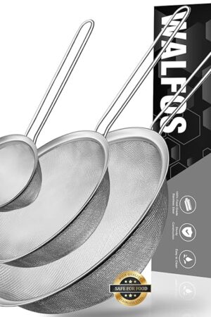 Walfos Fine Mesh Strainers Set, Premium Stainless Steel Colanders and Sifters, with Reinforced Frame Sturdy Handle, Perfect for Sift, Strain, Drain Rinse Vegetables, Pastas Tea - 3 Sizes