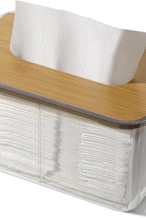 Dryer Sheet Holder, 1 Pack Acrylic Tissue Box Cover, Bamboo Dryer Sheets Holder, Wooden Rectangular Dryer Sheet Container for Storage on Laundry Room Counter, Bathroom Vanity, Countertop