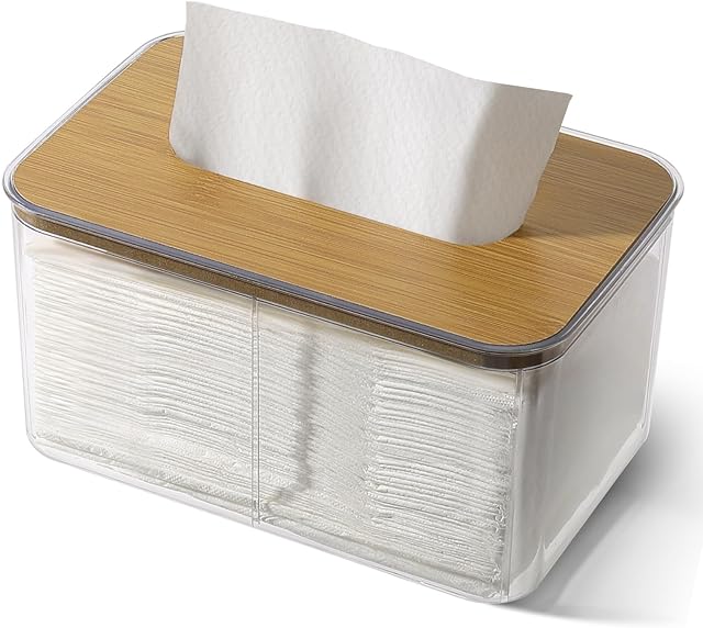 Dryer Sheet Holder, 1 Pack Acrylic Tissue Box Cover, Bamboo Dryer Sheets Holder, Wooden Rectangular Dryer Sheet Container for Storage on Laundry Room Counter, Bathroom Vanity, Countertop