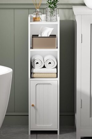 BEWISHOME Small Bathroom Cabinet, Narrow Storage Cabinet with Anti-Tip & Adjustable Shelves,Bathroom Organizers and Storage Cabinets for Small Spaces, 7.9 x 7.9 x 31.5 Inches，White YYG06W