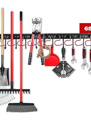 68" All Metal Garden Tool Organizer - Sturdy Garage Wall & Shed Organization System - Hooks for Shovel, Broom, Rake & More