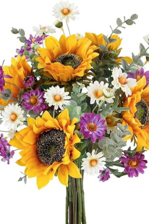 CEWOR Artificial Sunflowers Bouquet Fake Flower Bouquet with Sunflowers for Bridal Bouquets Wedding Centerpieces Decor Party Table Gravesites Fall Floral Arrangements Home Decoration
