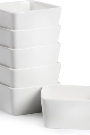 BTaT- Ramekins, 8 oz, Set of 6, White, Square Shaped, Ramekins Oven Safe, Porcelain Souffle Dishes for Creme Brulee, Ice Cream, Fruit and Snacks