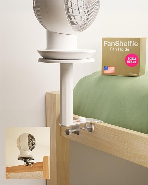 FanShelfie Adjustable Fan Holder for Dorm Room, Bunk & Lofted Bed, College Essentials for Boys & Girls, Patented Height & Distance Design, Compatible with Popular Dorm Fans, 2 Height Options (White)