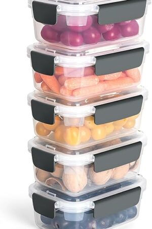 YORY 3 cup Plastic Food Storage Containers with Lids Nestable Freezer Dishwasher Safe Rectangle Container Set,5-Pack