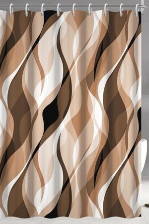 Brown Shower Curtain, Modern Abstract Grey and Brown Striped Shower Curtain Set for Bathroom Waterproof Tan Shower Curtain with Hooks, 72x72 Inch