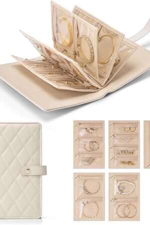 Vlando Teacher Gifts for Women,Travel Jewelry Organizer Case,Jewelry Storage Book Ring Binder with Clear Zipper Velvet Jewelry Pouches Bags for Rings,Necklace,Earrings-Cream White