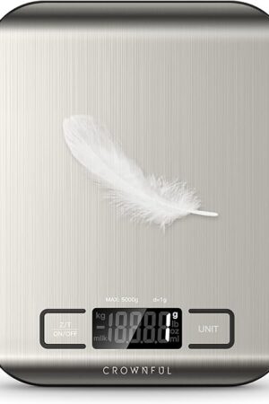 CROWNFUL Food Scale, 11 lb Digital Kitchen Scales with Built-in Coin Battery, Weight Ounces and Grams for Cooking and Baking, 6 Units with Tare Function, LCD Display, 304 Stainless Steel