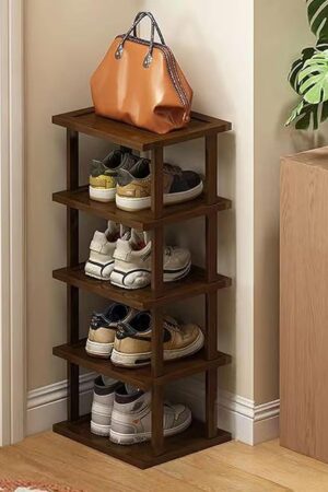 Bamboo Vertical Shoe Rack Organizer, Tall Narrow 5 Tier Skinny Shoe Shelf
