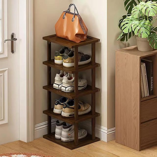 Bamboo Vertical Shoe Rack Organizer, Tall Narrow 5 Tier Skinny Shoe Shelf