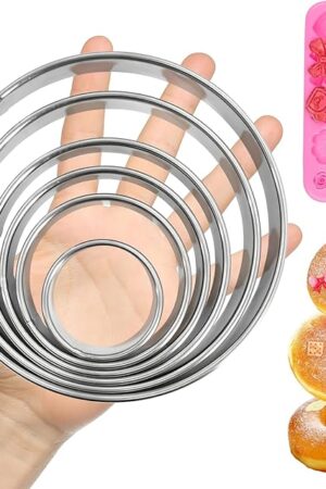 6 PCS Circle Cookie Cutter Set Donut Cutter Large Stainless Steel Round Cutters (2, 3, 3.5, 4, 5, 6 Inch) & Decorative Cookie Mold for Baking, Donuts, Biscuits, Sandwiches | Durable Easy to Clean