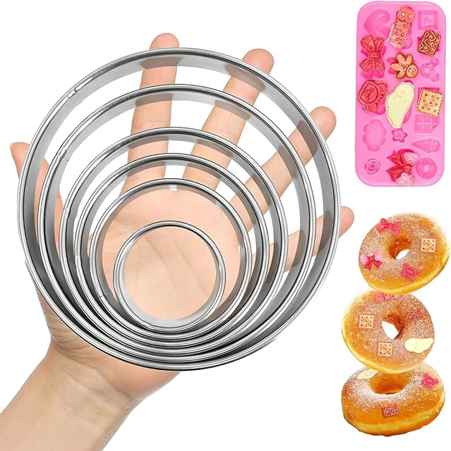 6 PCS Circle Cookie Cutter Set Donut Cutter Large Stainless Steel Round Cutters (2, 3, 3.5, 4, 5, 6 Inch) & Decorative Cookie Mold for Baking, Donuts, Biscuits, Sandwiches | Durable Easy to Clean