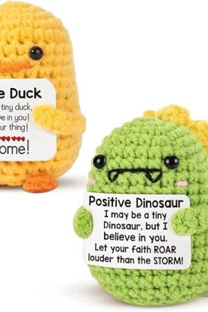 warmtree Mini Funny Positive Dinosaur Duck Gifts, 2pcs Small Handmade Crochet Animals Cute Stuff, Inspirational Gifts for Women Men Birthday Presents, Emotional Motivational Dino Duck Decor